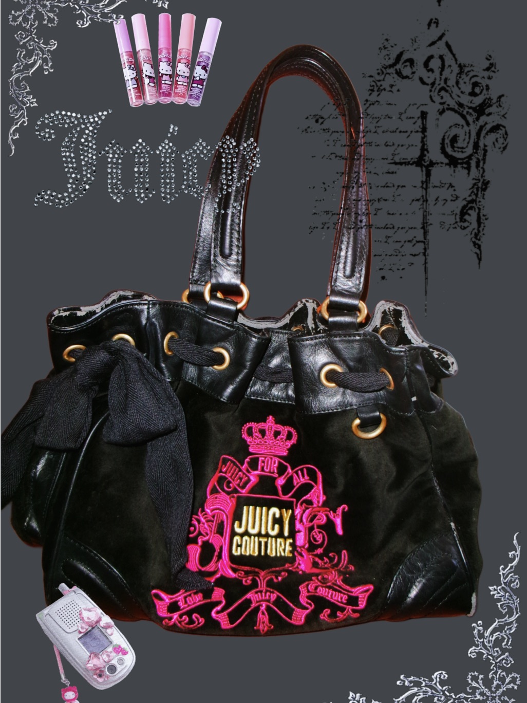 Juicy Couture Black Velvet Shoulder Bag With Pink Embroidered Crest